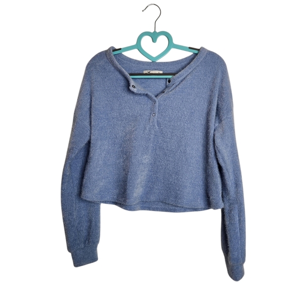 Hollister California Sweater Womens Small Cropped Baby Blue Fuzzy Soft Henley - Picture 6 of 13